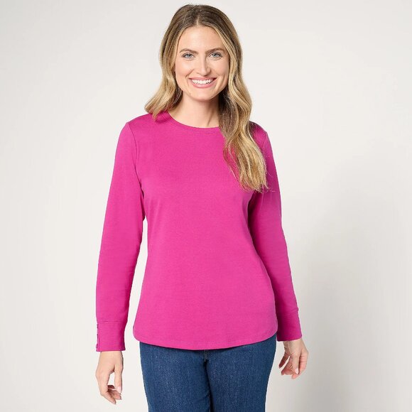 Denim & Co. Perfect Jersey Crew Neck Top w/ Button Cuff - Sz L a677995 - Picture 1 of 4